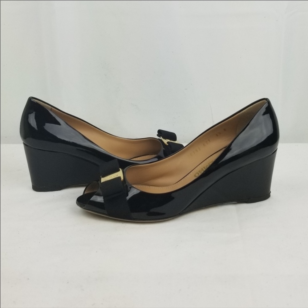 Salvatore ferragamo patent black wedge